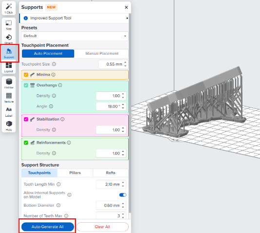 Formlabs Preform support structuur instellingen